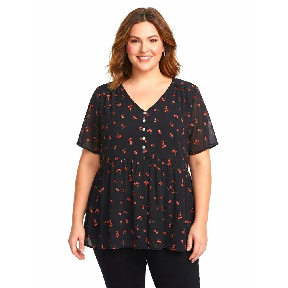 Siren Lily Top Womens 2X Black Cherries  V-Neck Babydoll Empire Waist Lined boho